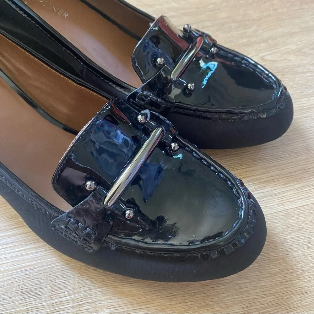 Donald J Pliner Black Patent Leather Slip On Wedge Heel Loafers